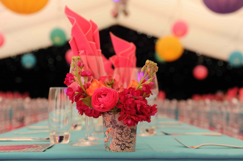 pink flowers at wedding table