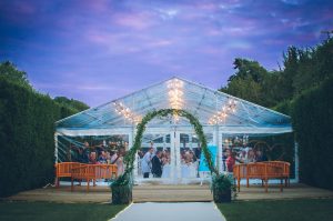 clear wedding marquee at night