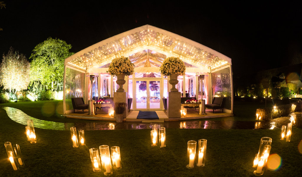 Stunning glass marquee at night